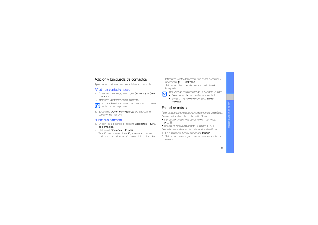 Samsung GT-S9110HKAFOP Adición y búsqueda de contactos, Escuchar música, Añadir un contacto nuevo, Buscar un contacto 