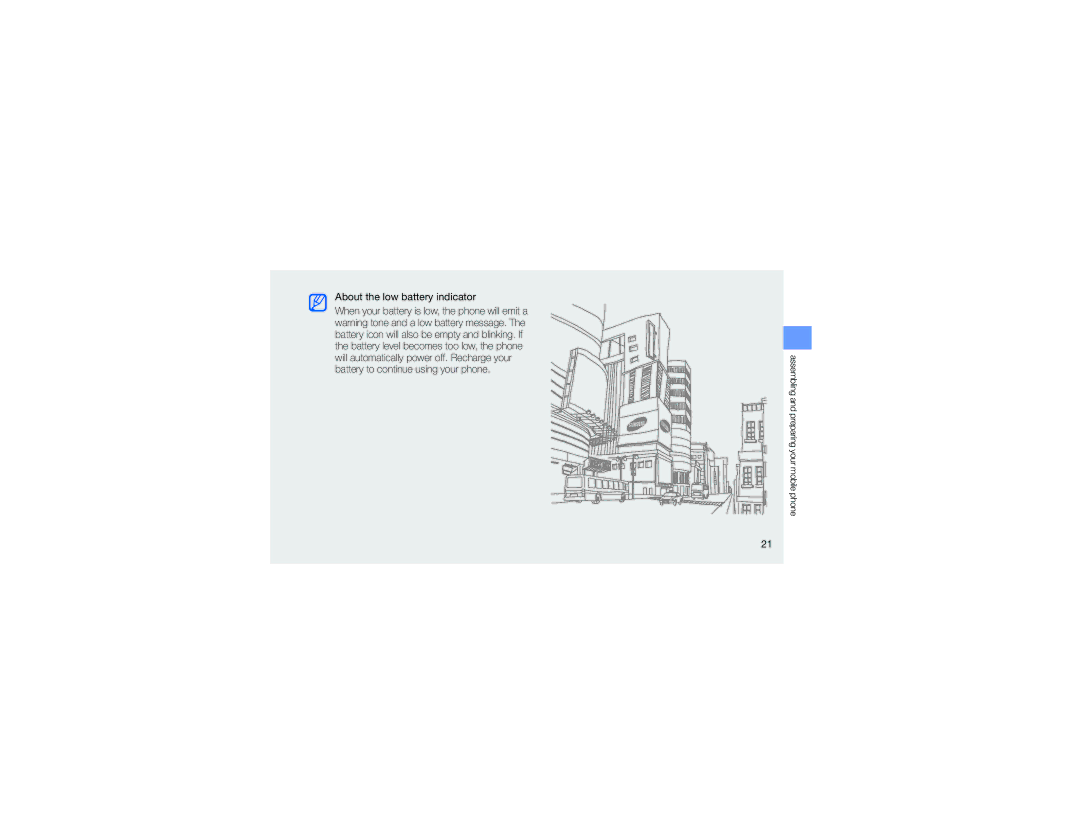 Samsung GT-S9110HKAXEF, GT-S9110HKAFOP manual About the low battery indicator 