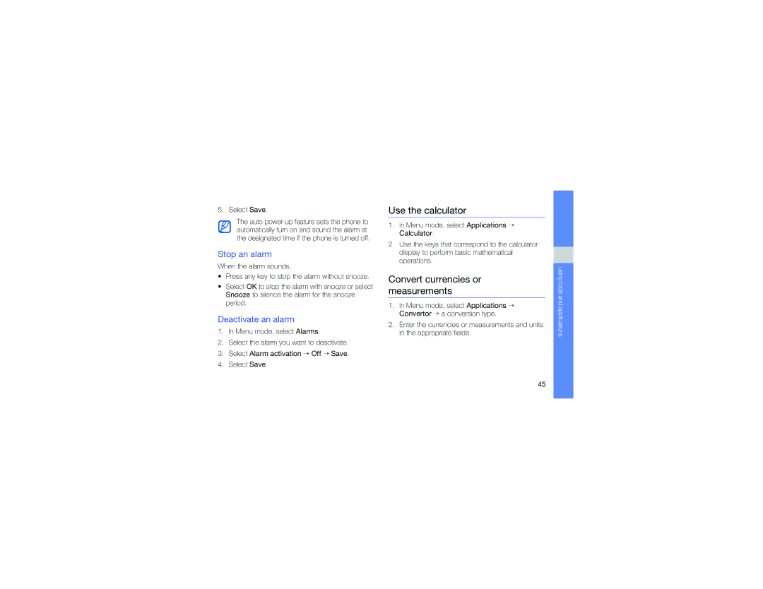 Samsung GT-S9110HKAXEF manual Use the calculator, Convert currencies or measurements, Stop an alarm, Deactivate an alarm 
