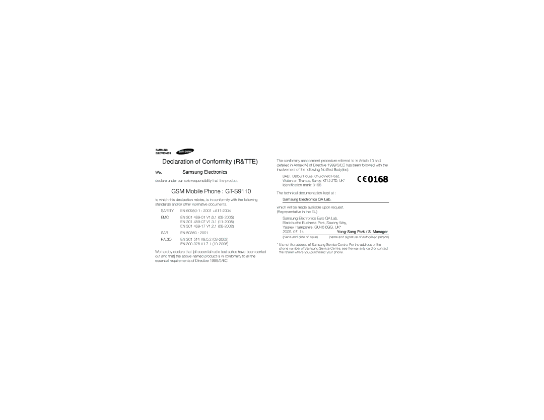 Samsung GT-S9110HKAXEF, GT-S9110HKAFOP manual Declaration of Conformity R&TTE 