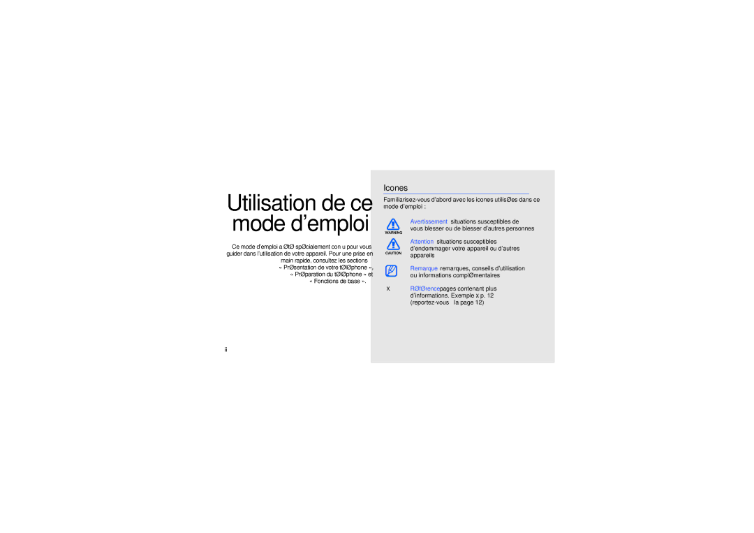 Samsung GT-S9110HKAXEF manual Utilisation de ce mode demploi, Icones 