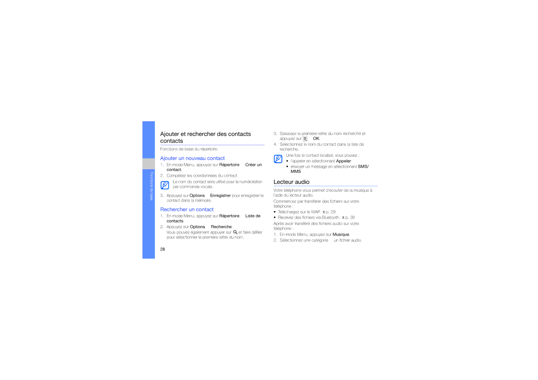 Samsung GT-S9110HKAXEF manual Ajouter et rechercher des contacts contacts, Lecteur audio, Ajouter un nouveau contact 