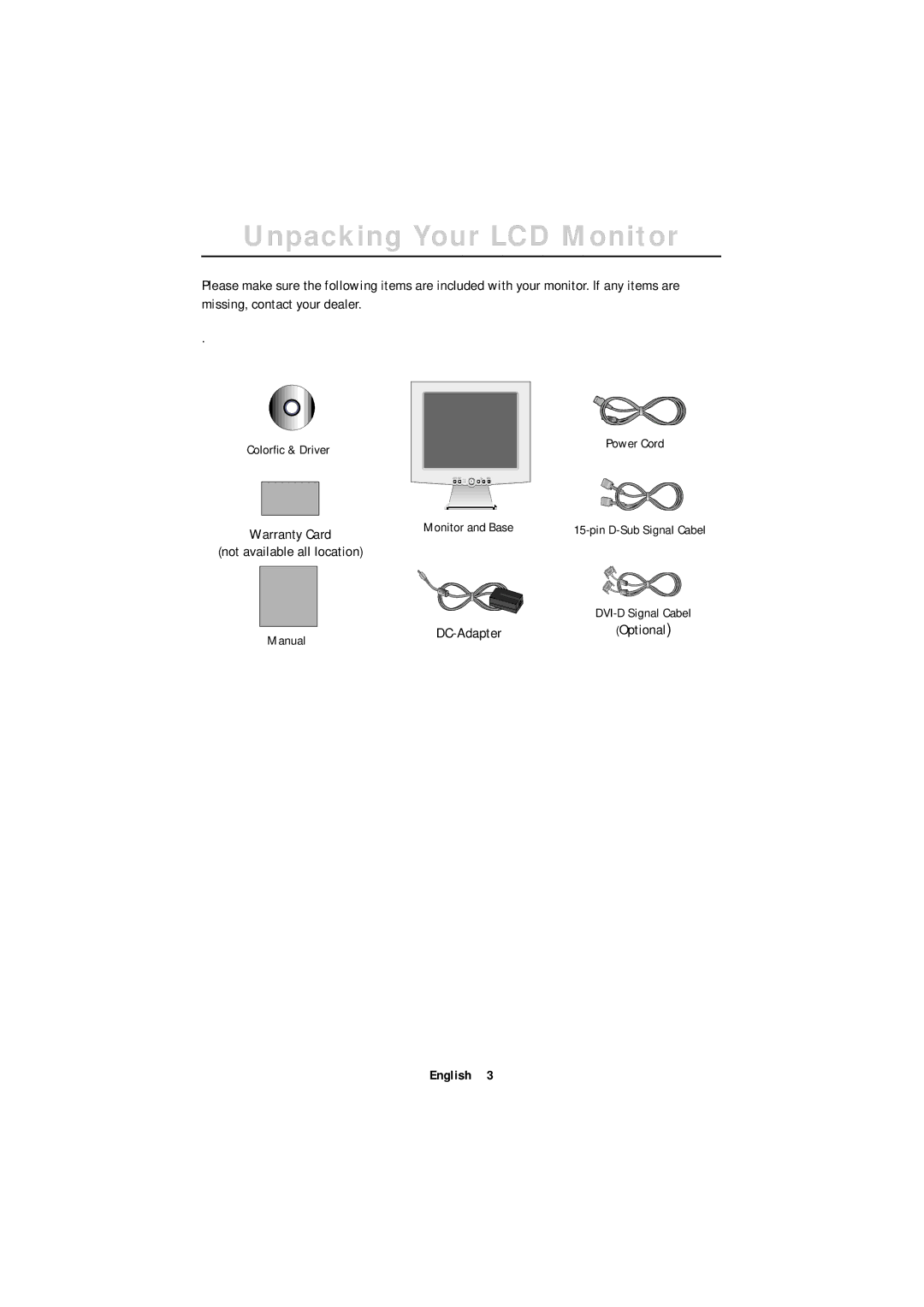 Samsung GT18MSSN/EDC, GT18MSSB/EDC, GR18MSSSN/EDC manual Unpacking Your LCD Monitor, Colorﬁc & Driver 