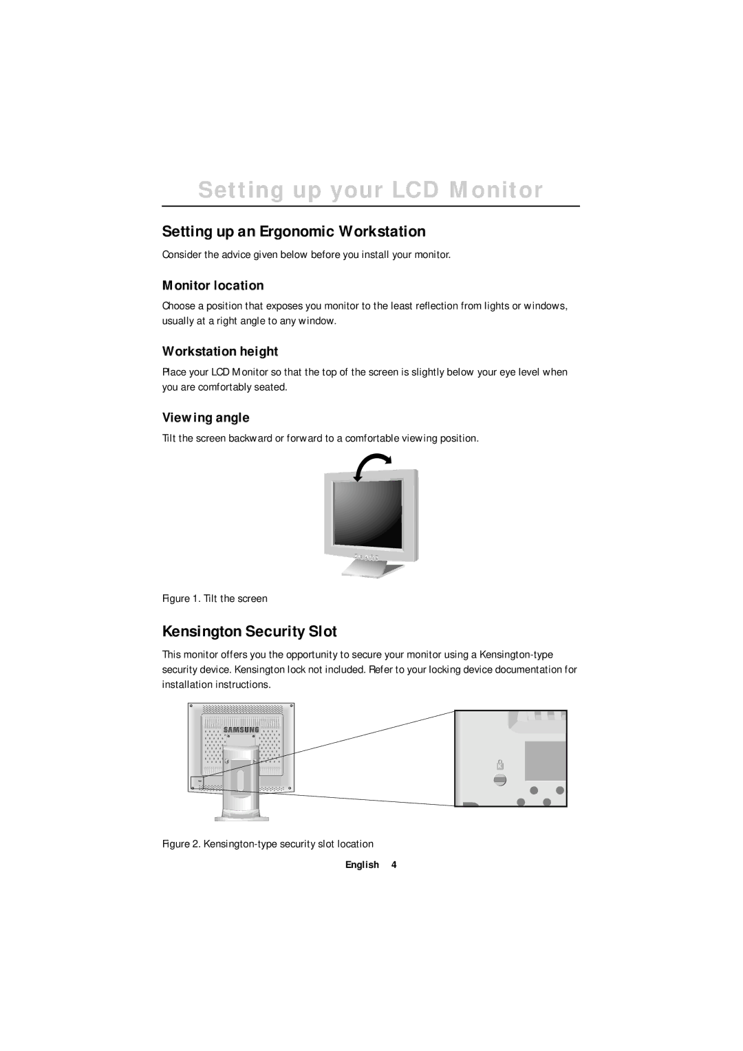 Samsung GT18MSSB/EDC manual Setting up your LCD Monitor, Setting up an Ergonomic Workstation, Kensington Security Slot 