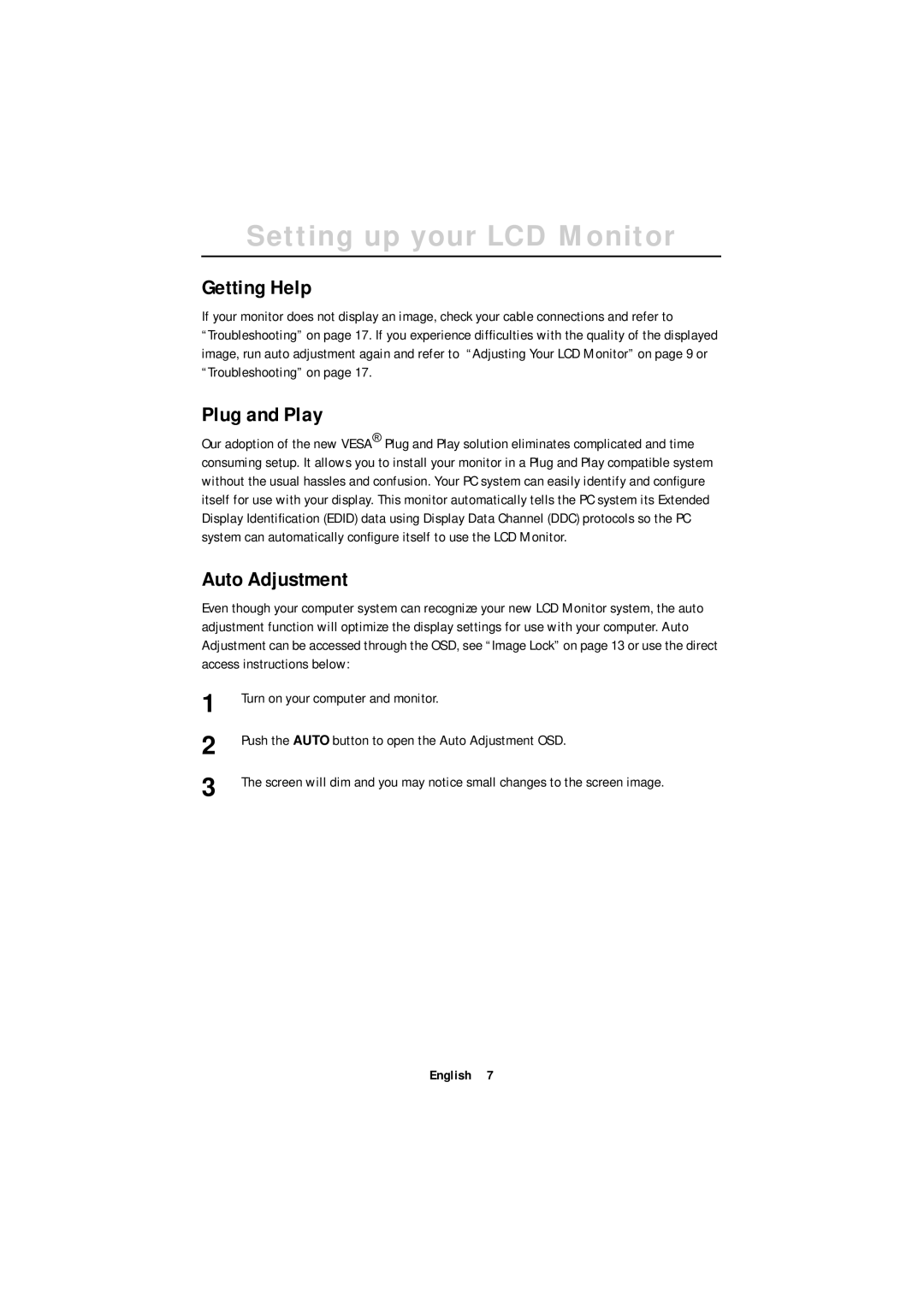 Samsung GT18MSSB/EDC, GR18MSSSN/EDC manual Getting Help, Plug and Play, Auto Adjustment, Turn on your computer and monitor 