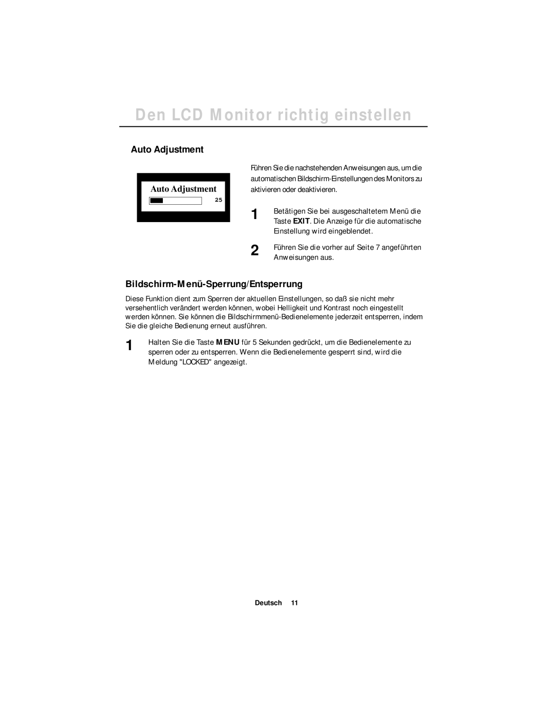 Samsung GR18MSSSN/EDC, GT18MSSB/EDC Auto Adjustment, Bildschirm-Menü-Sperrung/Entsperrung, Einstellung wird eingeblendet 