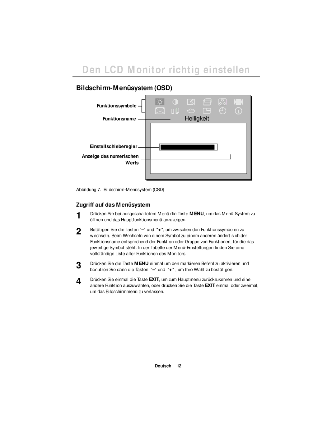 Samsung GT18MSSN/EDC, GT18MSSB/EDC, GR18MSSSN/EDC Zugriff auf das Menüsystem, Abbildung 7. Bildschirm-Menüsystem OSD 