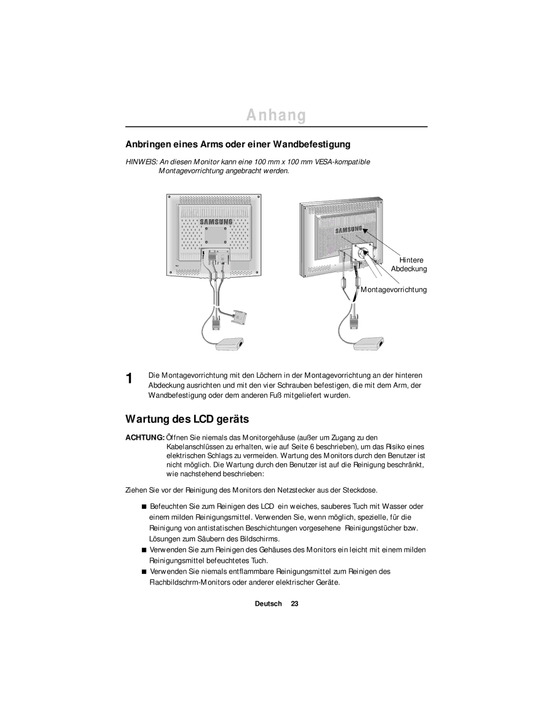 Samsung GR18MSSSN/EDC, GT18MSSB/EDC manual Wartung des LCD geräts, Anbringen eines Arms oder einer Wandbefestigung, Hintere 