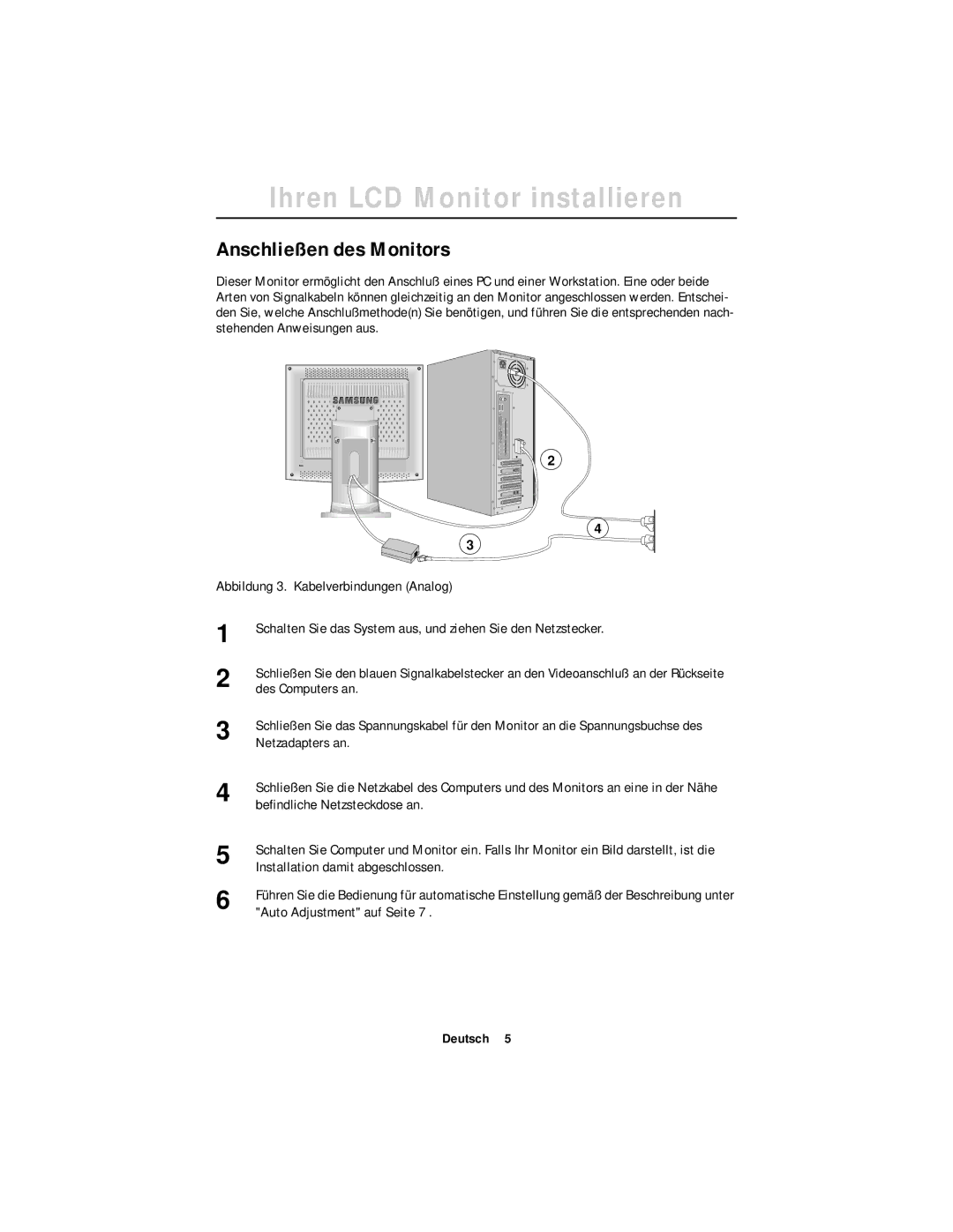 Samsung GR18MSSSN/EDC, GT18MSSB/EDC, GT18MSSN/EDC manual Anschließen des Monitors 