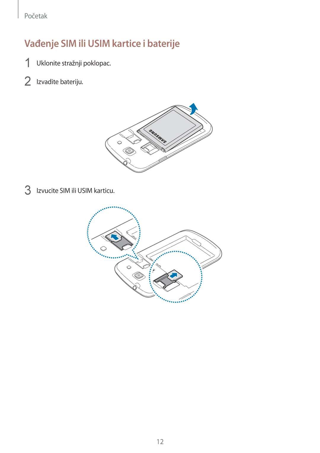 Samsung GT2I8262CWATRA, GT-I8262MBATRA, GT-I8262CWATRA, GT2I8262MBATRA manual Vađenje SIM ili Usim kartice i baterije 