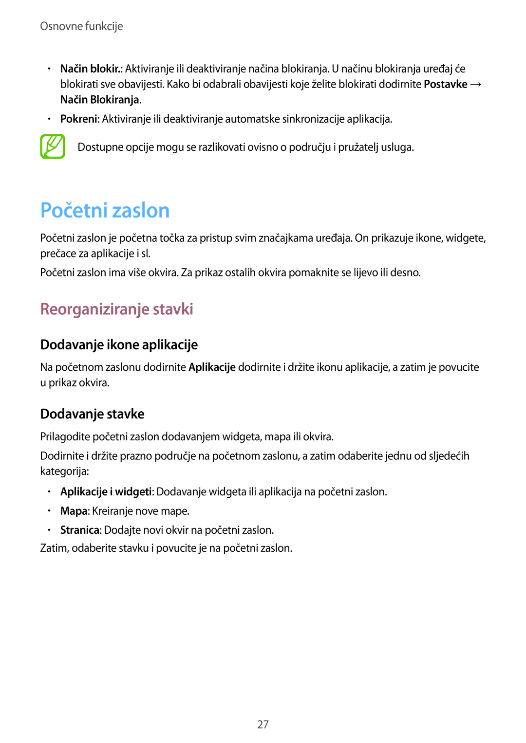 Samsung GT2I8262MBATRA manual Početni zaslon, Reorganiziranje stavki, Dodavanje ikone aplikacije, Dodavanje stavke 