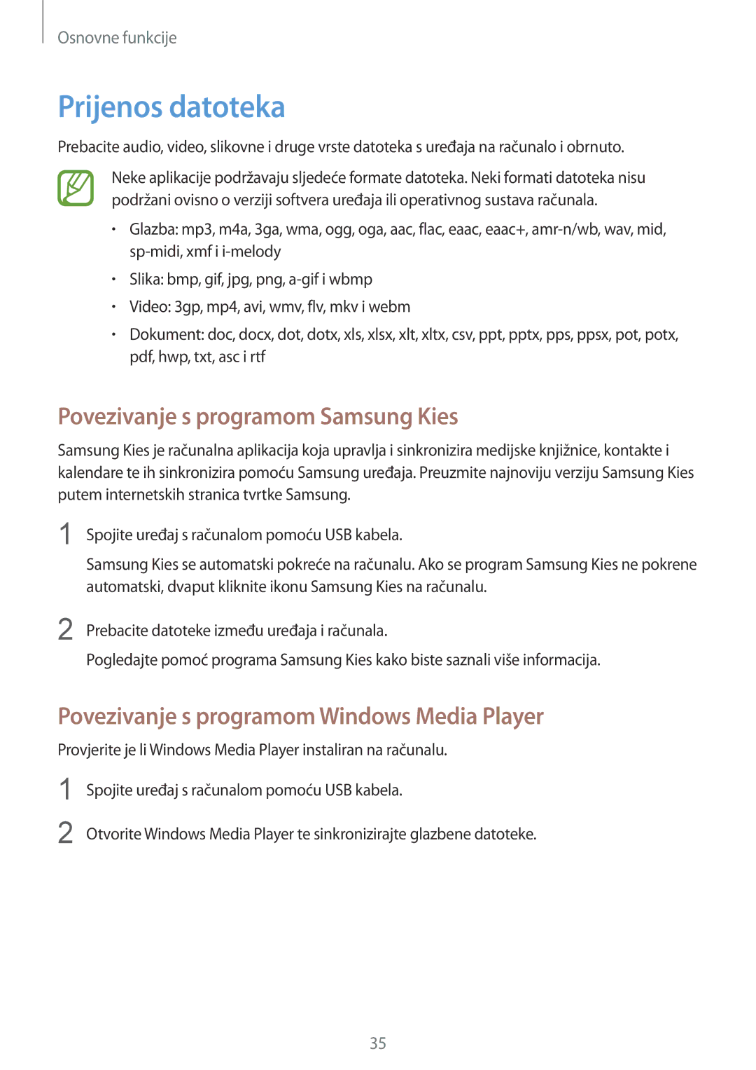 Samsung GT2I8262MBATRA, GT2I8262CWATRA, GT-I8262MBATRA manual Prijenos datoteka, Povezivanje s programom Samsung Kies 