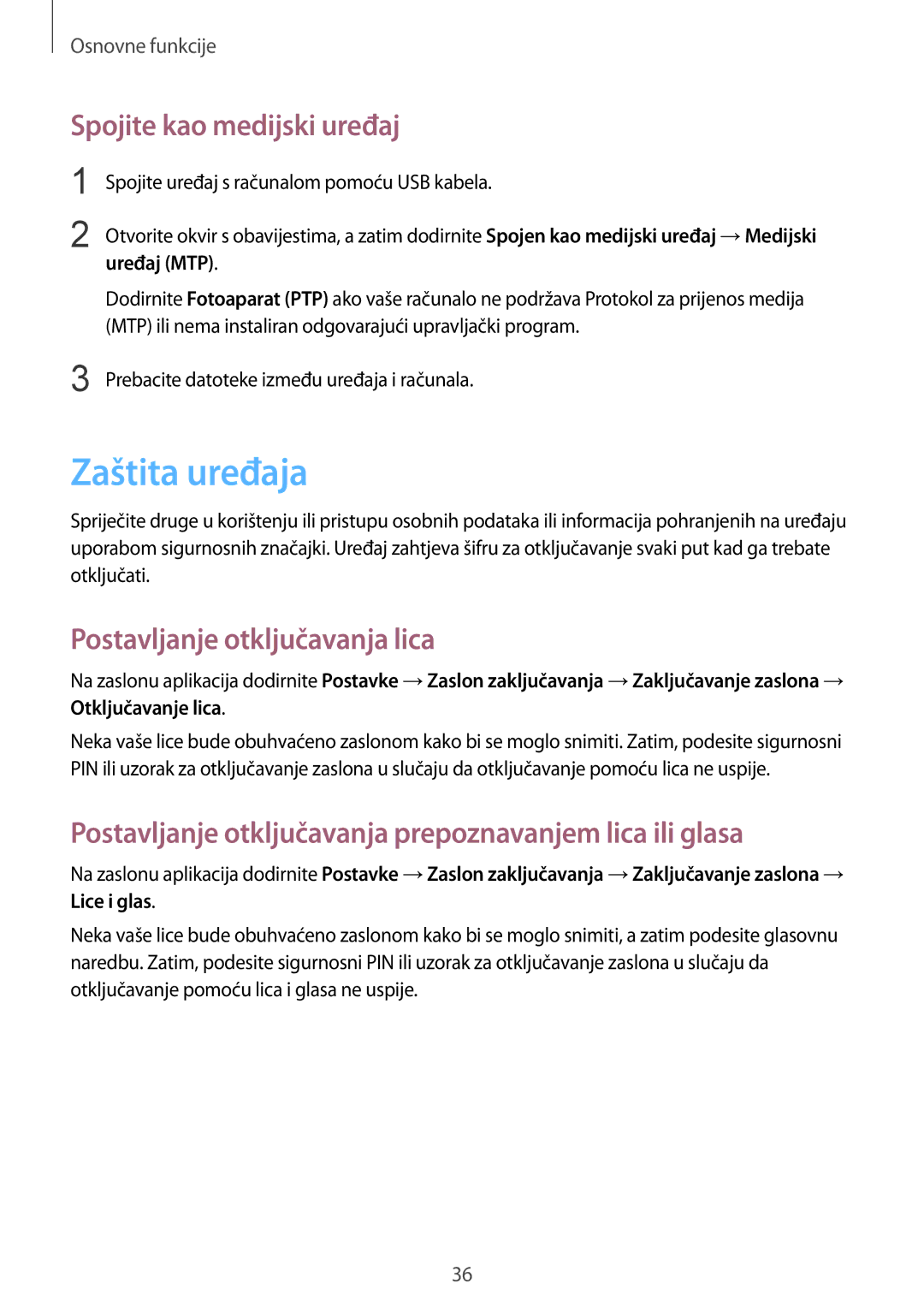 Samsung GT2I8262CWATRA manual Zaštita uređaja, Spojite kao medijski uređaj, Postavljanje otključavanja lica, Uređaj MTP 