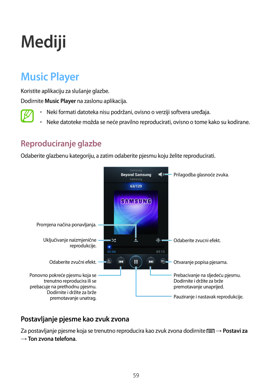 Samsung GT2I8262MBATRA, GT2I8262CWATRA Mediji, Music Player, Reproduciranje glazbe, Postavljanje pjesme kao zvuk zvona 