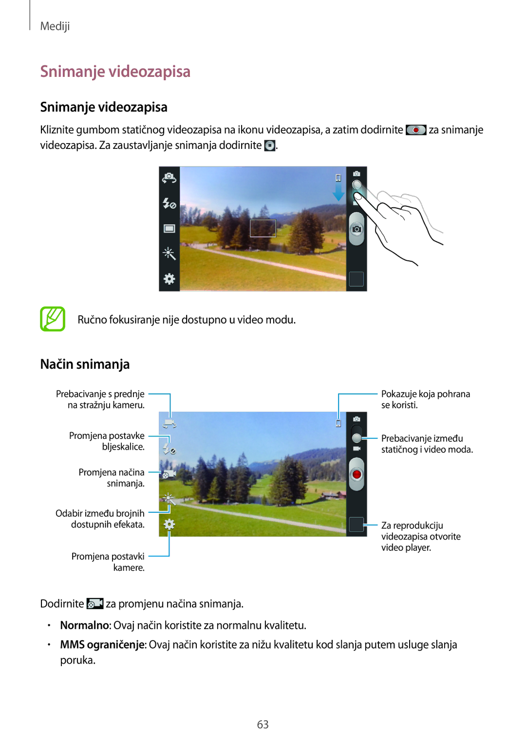 Samsung GT2I8262MBATRA, GT2I8262CWATRA, GT-I8262MBATRA, GT-I8262CWATRA manual Snimanje videozapisa, Način snimanja 