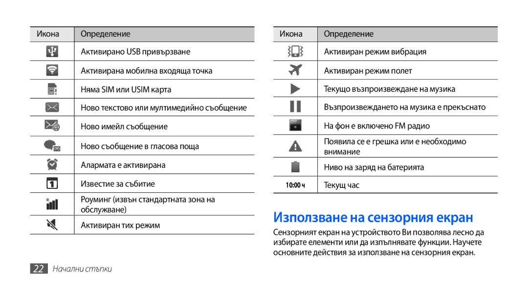 Samsung GT-I9001RWDGBL, GT2I9001RWDGBL, GT2I9001UWDGBL, GT-I9001HKDGBL manual Използване на сензорния екран, 22 Начални стъпки 