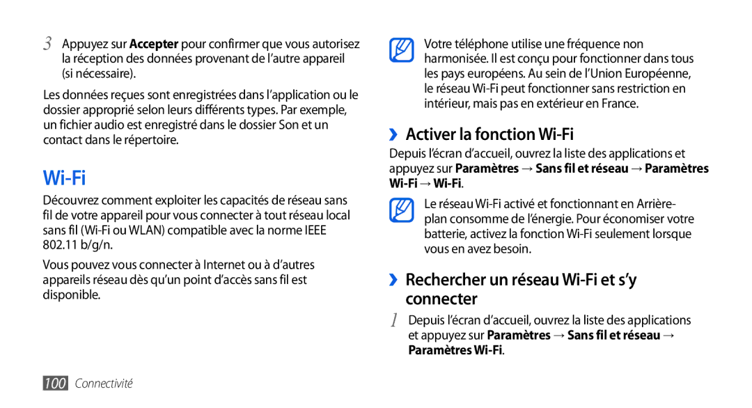 Samsung GT2I9001UWDGBL, GT2I9001RWDGBL manual ››Activer la fonction Wi-Fi, ››Rechercher un réseau Wi-Fi et s’y connecter 