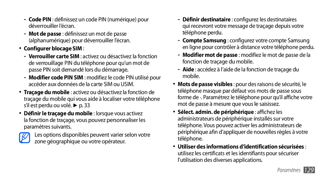 Samsung GT-I9001UWDGBL, GT2I9001RWDGBL Configurer blocage SIM, Aide accédez à l’aide de la fonction de traçage du mobile 