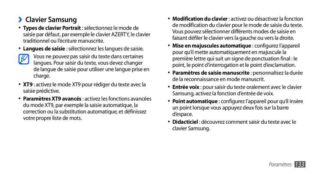 Samsung GT-I9001HKDMTL, GT2I9001RWDGBL, GT2I9001UWDGBL, GT-I9001HKDGBL, GT-I9001UWDGBL, GT-I9001RWDGBL manual ››Clavier Samsung 