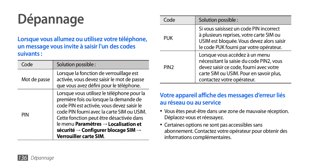 Samsung GT2I9001UWDGBL, GT2I9001RWDGBL manual Code Solution possible, Verrouiller carte SIM, Lorsque vous accédez à un menu 