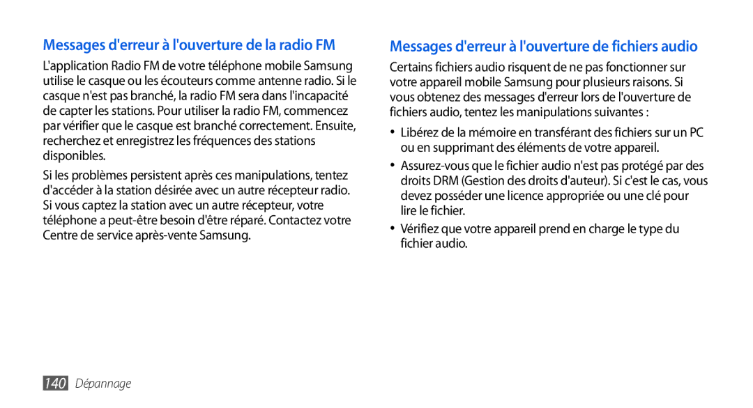 Samsung GT-I9001UWAGBL, GT2I9001RWDGBL, GT2I9001UWDGBL, GT-I9001HKDGBL manual Messages derreur à louverture de la radio FM 