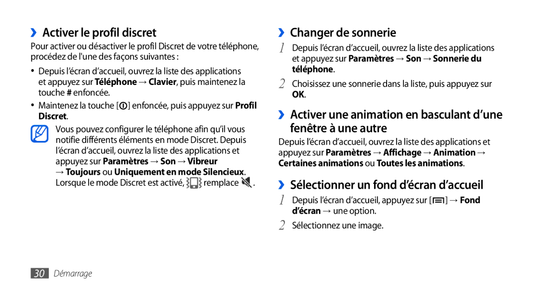 Samsung GT-I9001UWDGBL manual ››Activer le profil discret, ››Changer de sonnerie, ››Sélectionner un fond d’écran d’accueil 