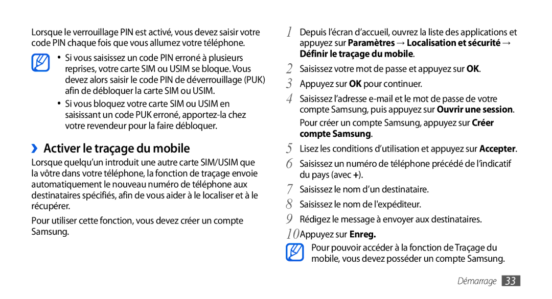 Samsung GT2I9001HKDMTL, GT2I9001RWDGBL manual ››Activer le traçage du mobile, Définir le traçage du mobile, Compte Samsung 