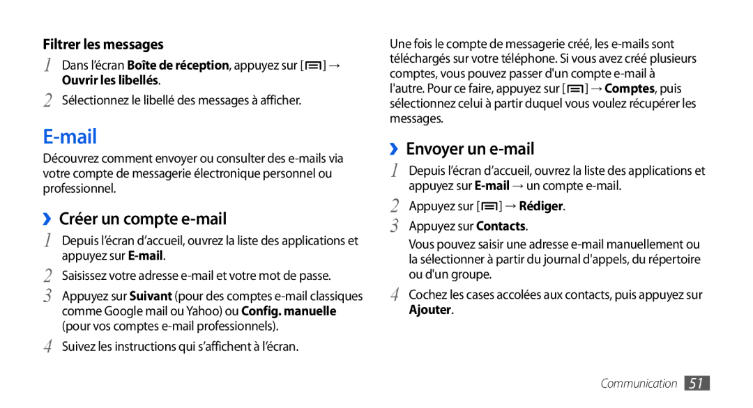 Samsung GT2I9001HKDMTL, GT2I9001RWDGBL manual Mail, ››Créer un compte e-mail, Filtrer les messages, Ouvrir les libellés 