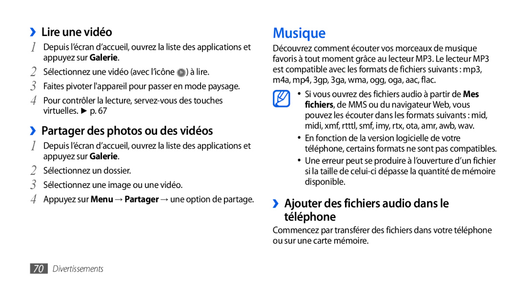 Samsung GT-I9001HKDMTL, GT2I9001RWDGBL manual Musique, ››Lire une vidéo, ››Ajouter des fichiers audio dans le téléphone 