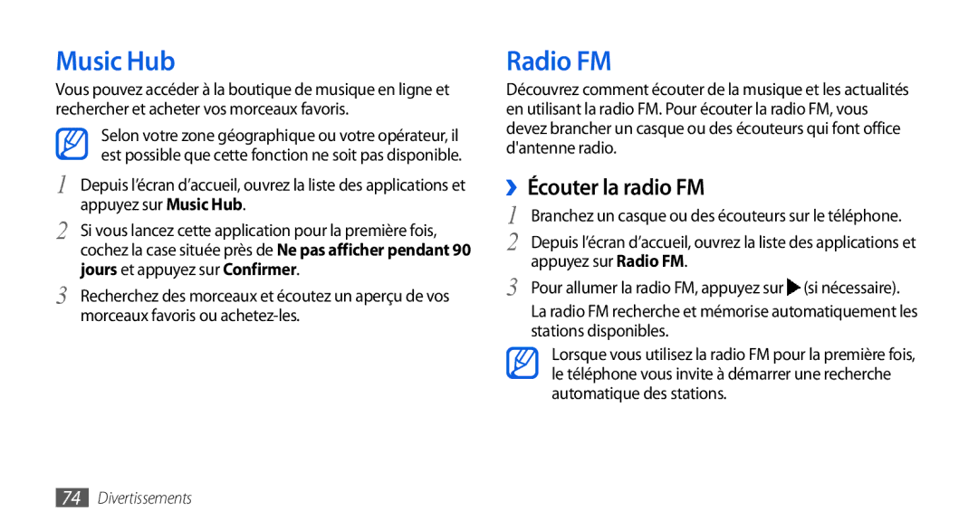 Samsung GT-I9001HKDGBL, GT2I9001RWDGBL, GT2I9001UWDGBL manual Music Hub, ››Écouter la radio FM, Appuyez sur Radio FM 