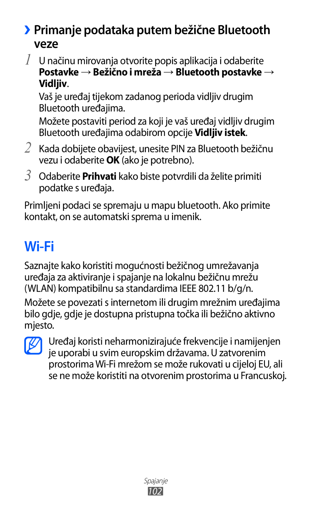 Samsung GT2I9070HKAVIP, GT2I9070HKATRA, GT-I9070HKAMSR manual Wi-Fi, ››Primanje podataka putem bežične Bluetooth veze 