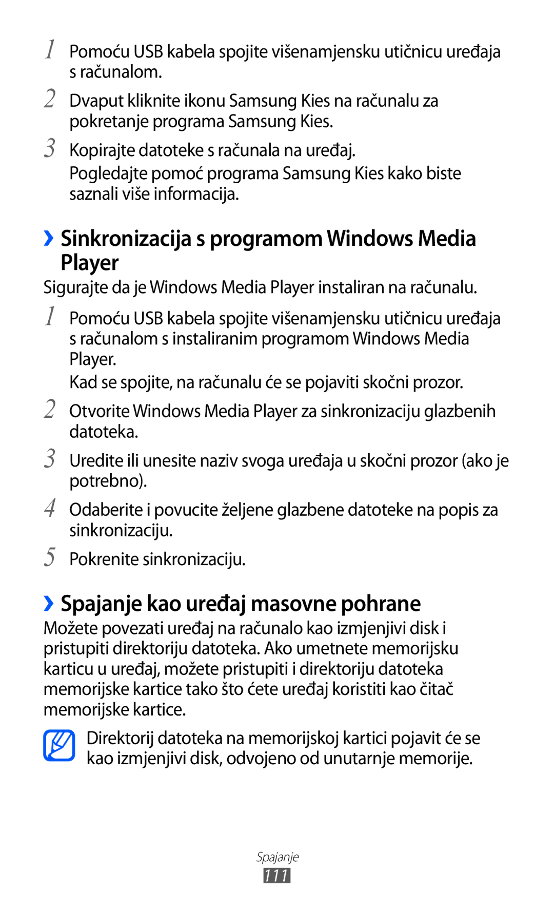 Samsung GT-I9070HKATWO, GT2I9070HKATRA, GT-I9070HKAMSR, GT-I9070HKACRO manual Player, ››Spajanje kao uređaj masovne pohrane 