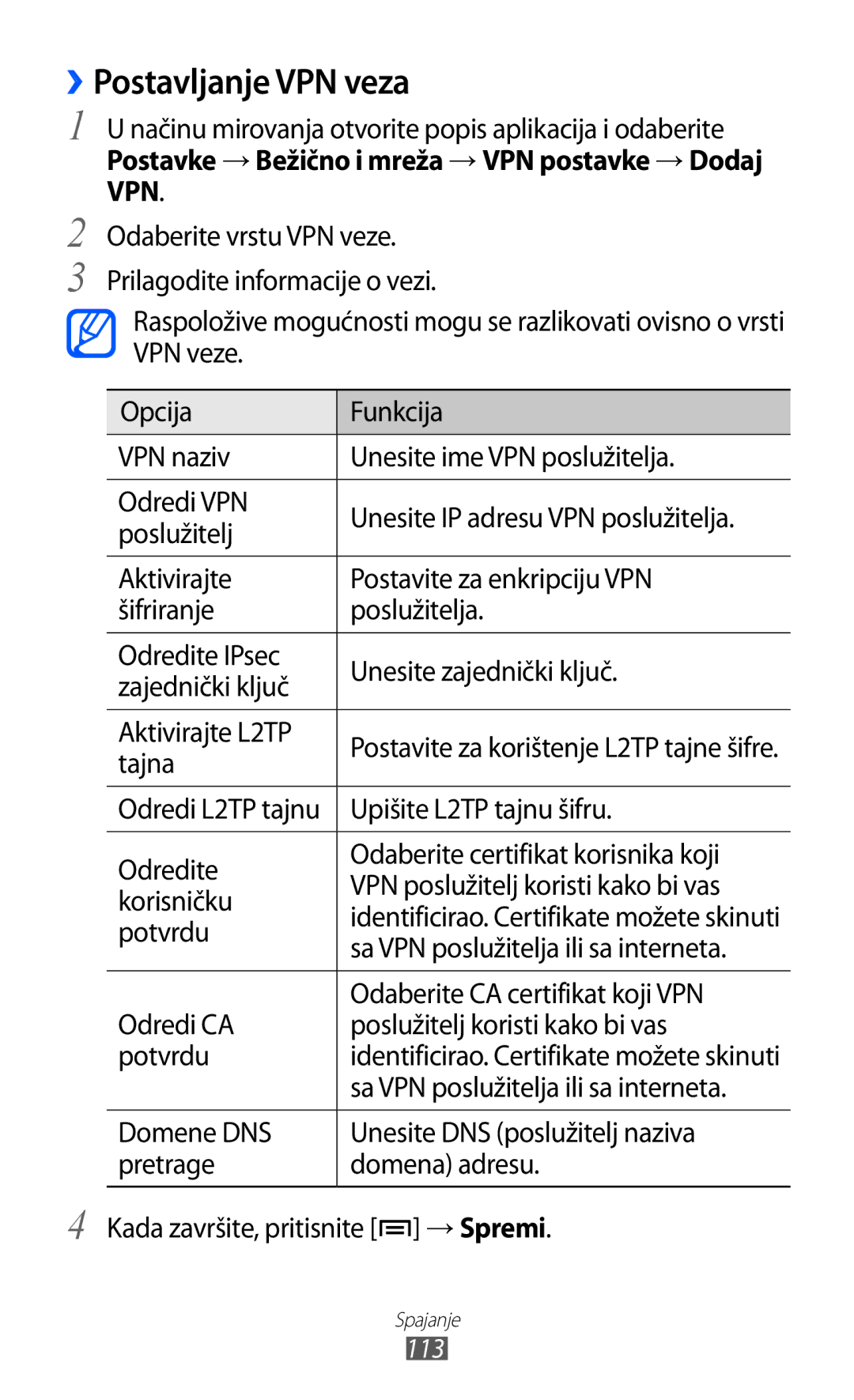 Samsung GT-I9070HKAMSR, GT2I9070HKATRA manual ››Postavljanje VPN veza, Postavke → Bežično i mreža → VPN postavke → Dodaj VPN 