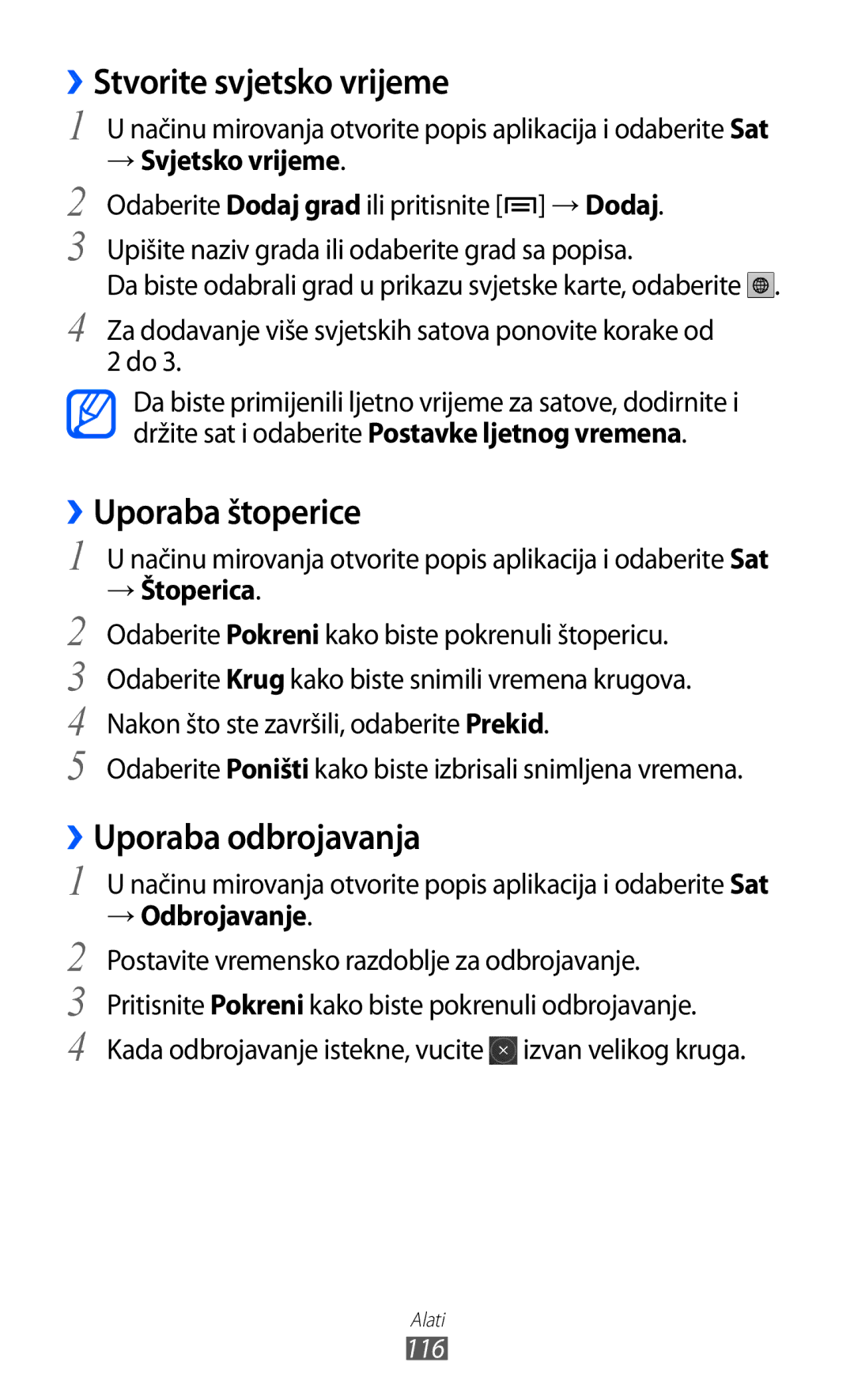 Samsung GT2I9070HKATWO, GT2I9070HKATRA manual ››Stvorite svjetsko vrijeme, ››Uporaba štoperice, ››Uporaba odbrojavanja 