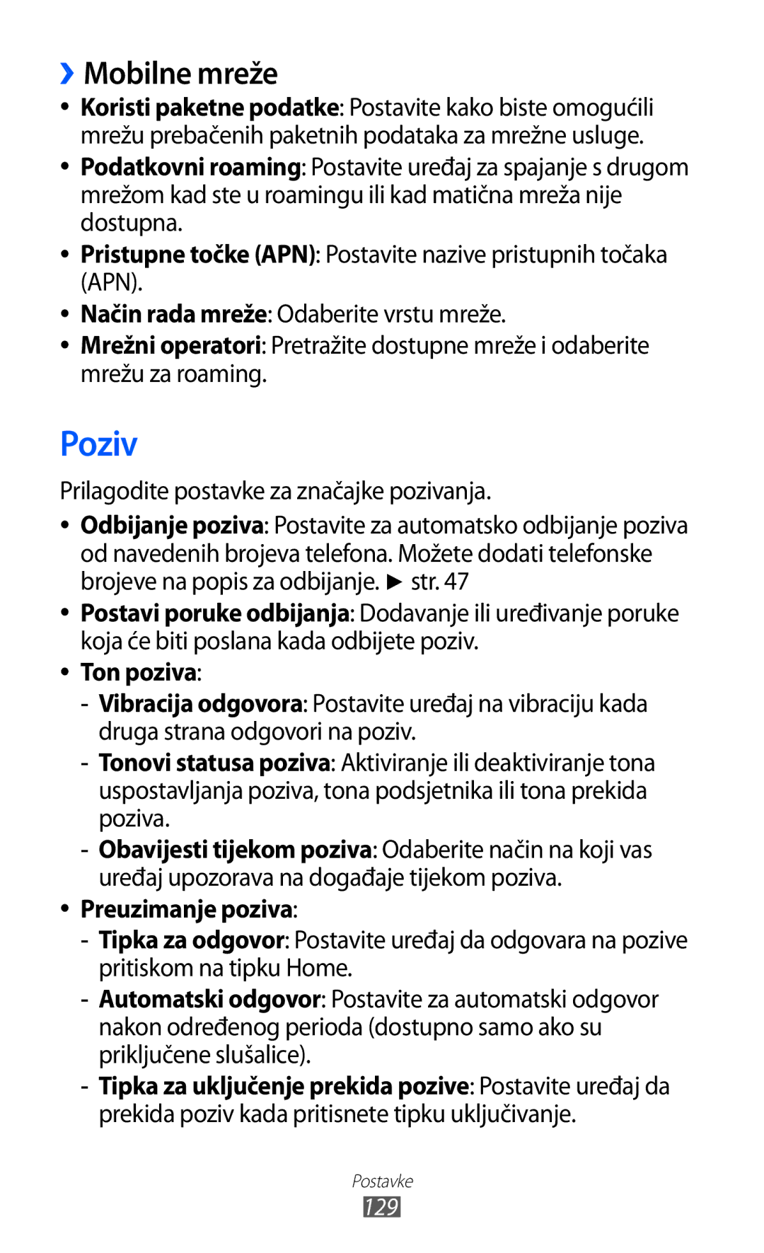 Samsung GT-I9070HKAMSR, GT2I9070HKATRA, GT-I9070HKACRO manual Poziv, ››Mobilne mreže, Ton poziva, Preuzimanje poziva 