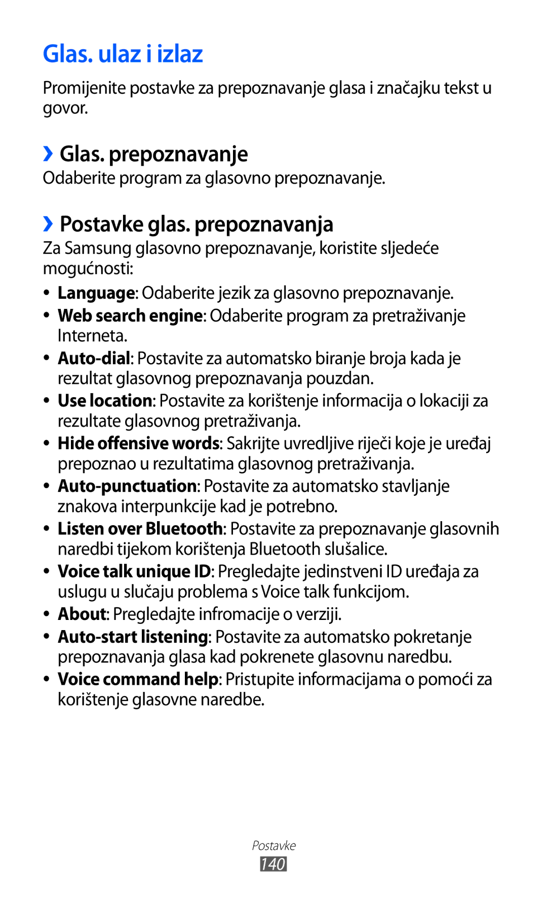 Samsung GT2I9070HKATWO, GT2I9070HKATRA manual Glas. ulaz i izlaz, ››Glas. prepoznavanje, ››Postavke glas. prepoznavanja 