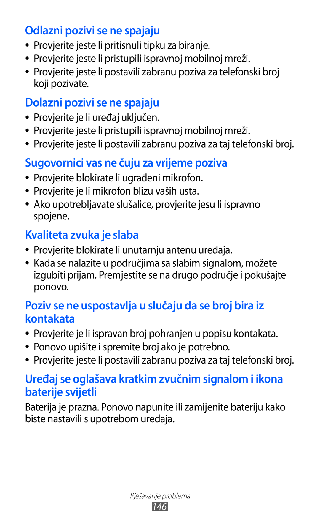 Samsung GT-I9070HKACRO, GT2I9070HKATRA, GT-I9070HKAMSR, GT-I9070HKAVIP, GT2I9070HKATWO manual Odlazni pozivi se ne spajaju 