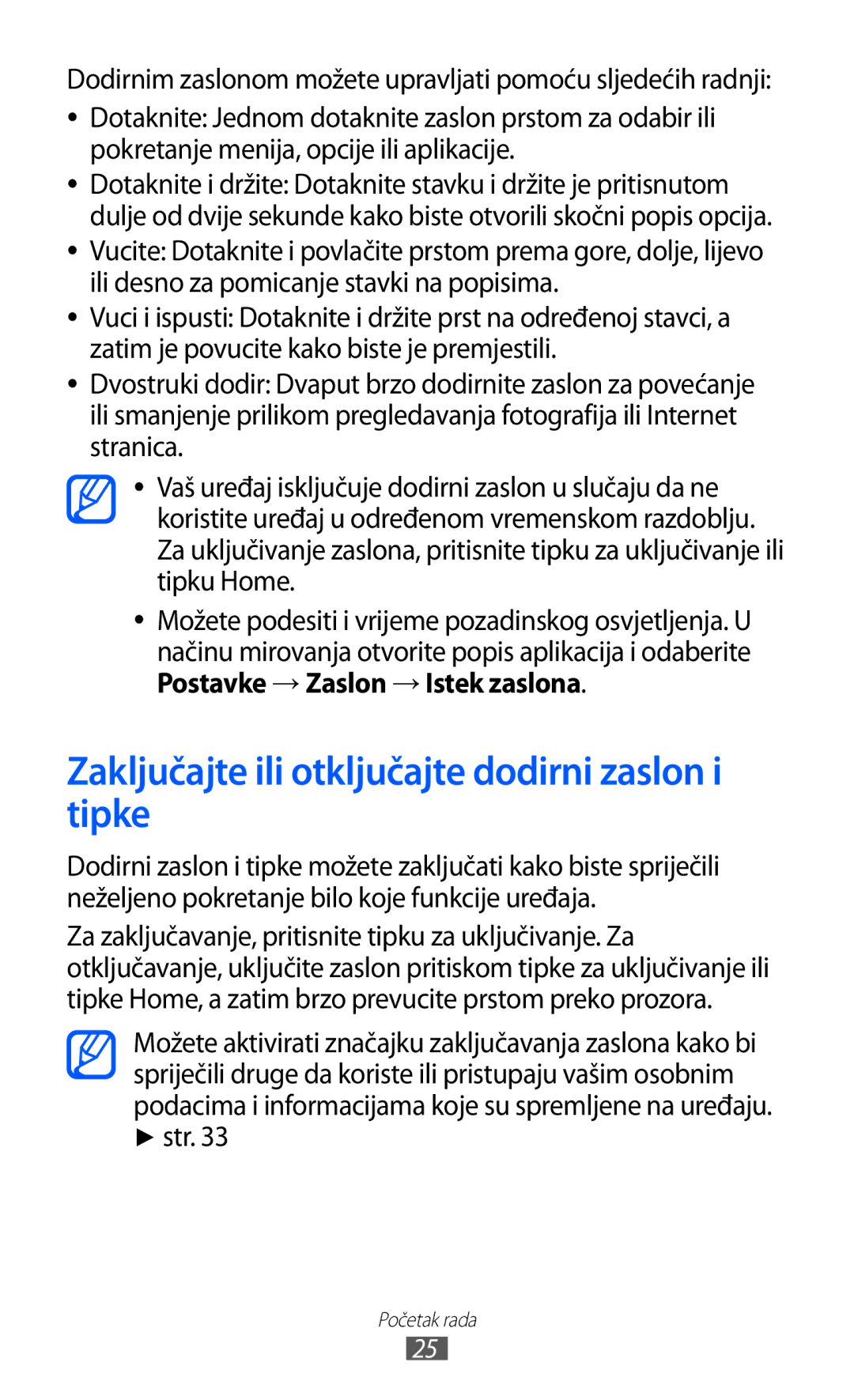 Samsung GT-I9070HKAMSR manual Zaključajte ili otključajte dodirni zaslon i tipke, Postavke → Zaslon → Istek zaslona, Str 