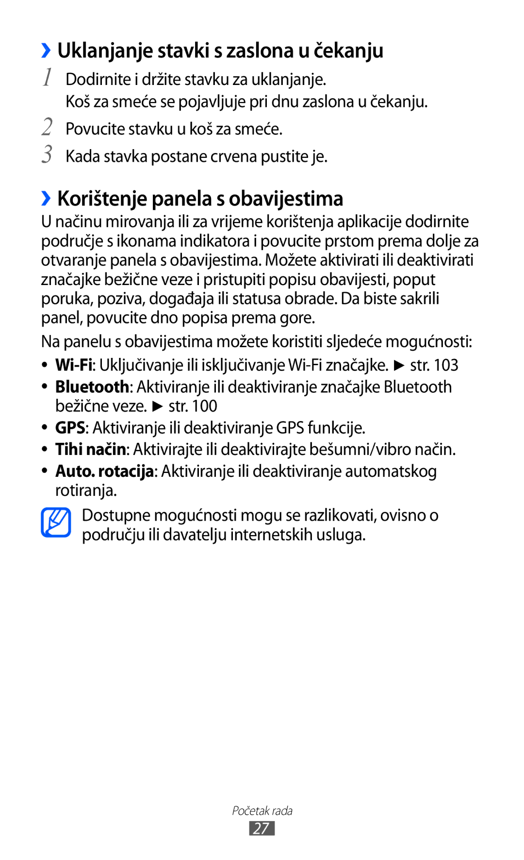 Samsung GT-I9070HKAVIP, GT2I9070HKATRA manual ››Uklanjanje stavki s zaslona u čekanju, ››Korištenje panela s obavijestima 