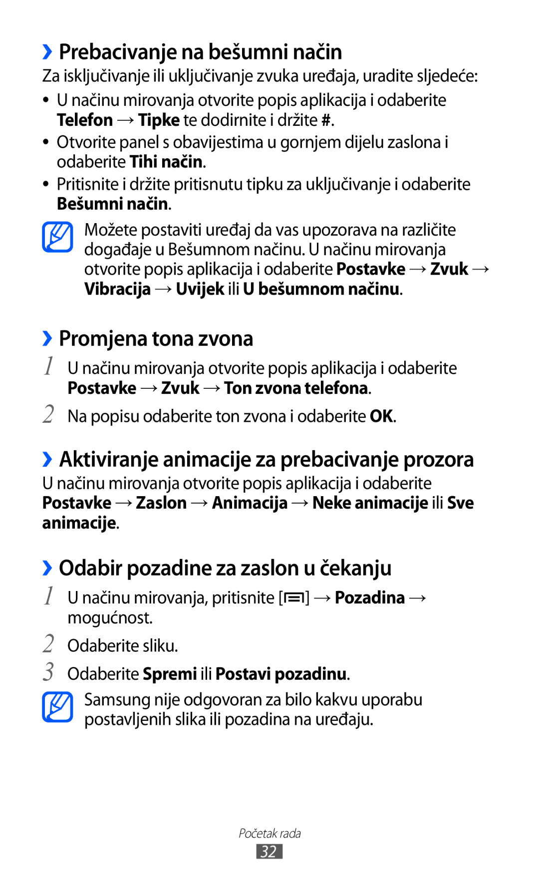 Samsung GT2I9070HKATRA manual ››Prebacivanje na bešumni način, ››Promjena tona zvona, ››Odabir pozadine za zaslon u čekanju 