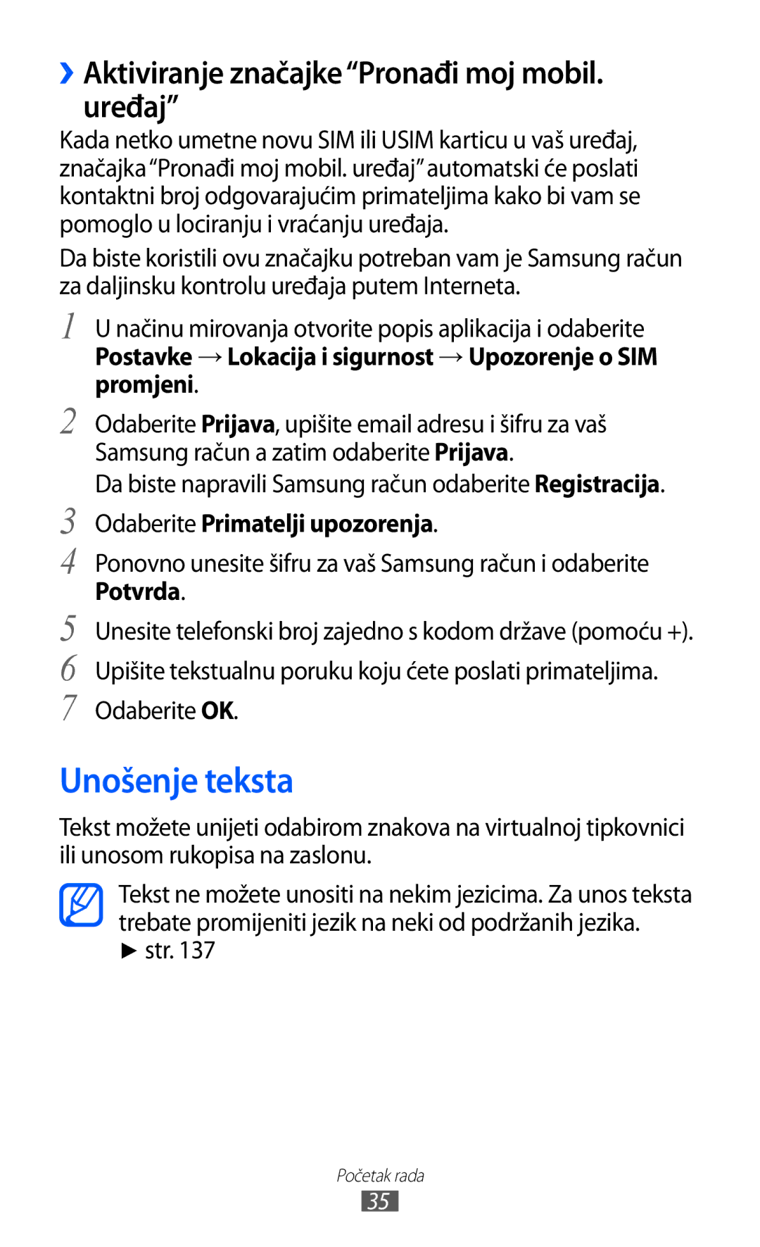 Samsung GT-I9070HKAVIP Unošenje teksta, ››Aktiviranje značajkePronađi moj mobil. uređaj, Odaberite Primatelji upozorenja 