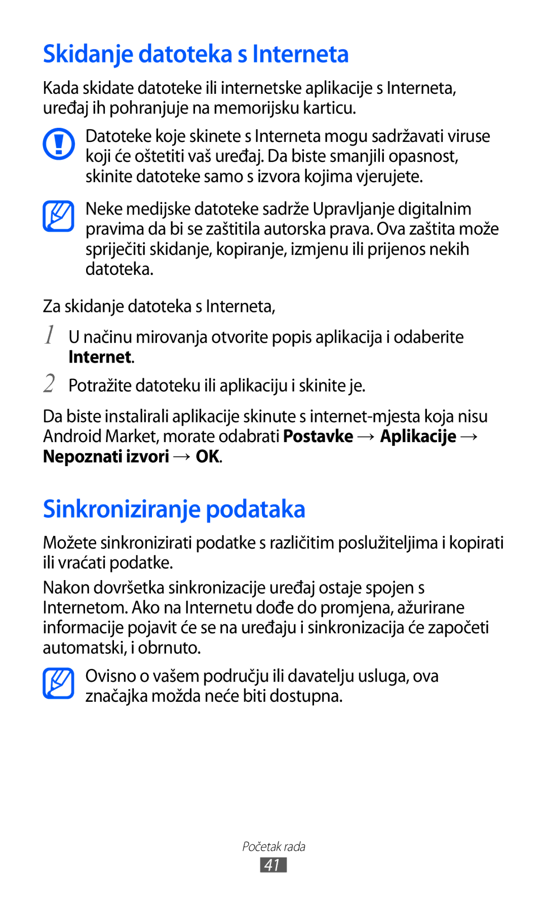 Samsung GT-I9070HKAMSR, GT2I9070HKATRA manual Skidanje datoteka s Interneta, Sinkroniziranje podataka, Nepoznati izvori → OK 