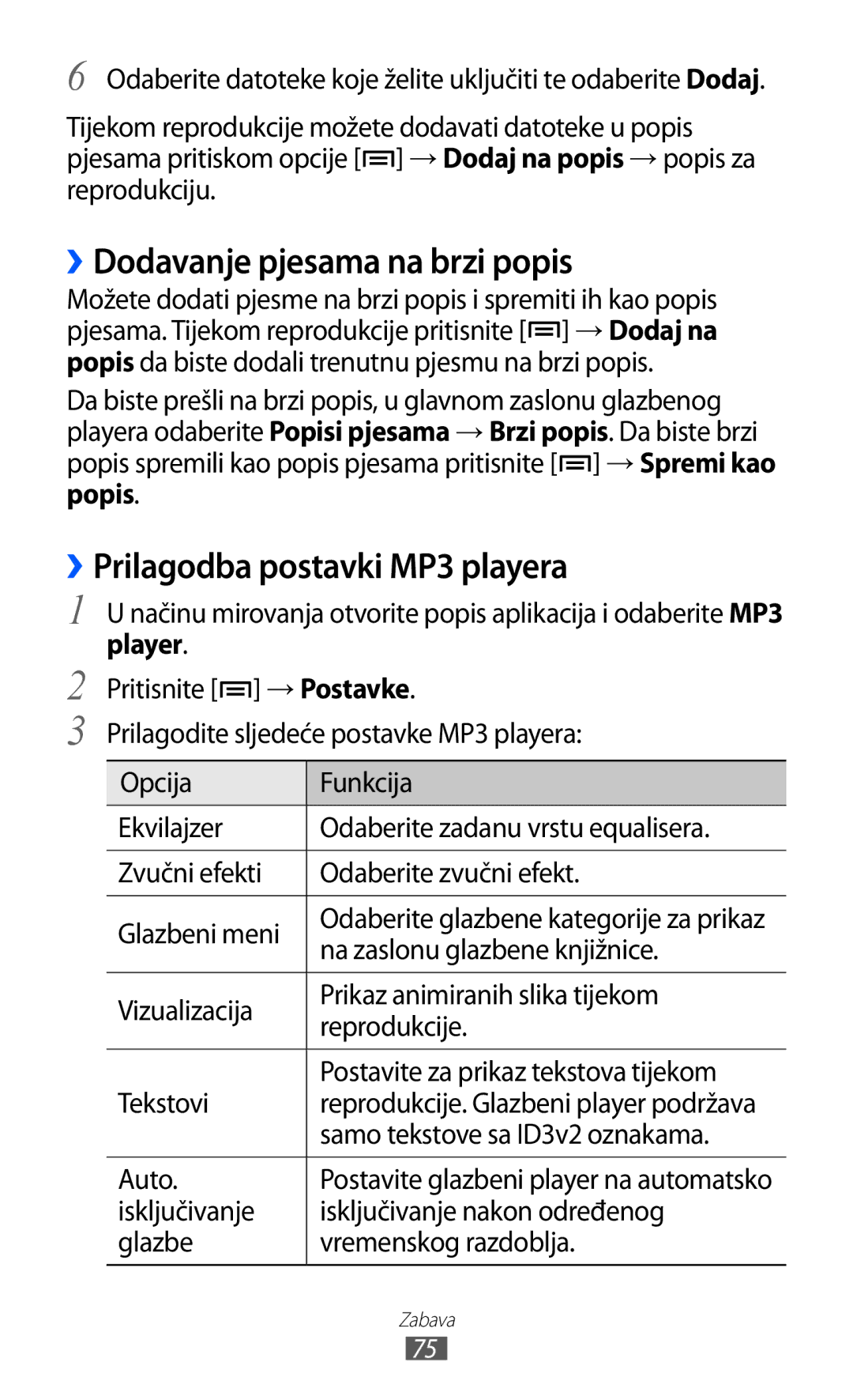 Samsung GT-I9070HKAVIP ››Dodavanje pjesama na brzi popis, ››Prilagodba postavki MP3 playera, Na zaslonu glazbene knjižnice 