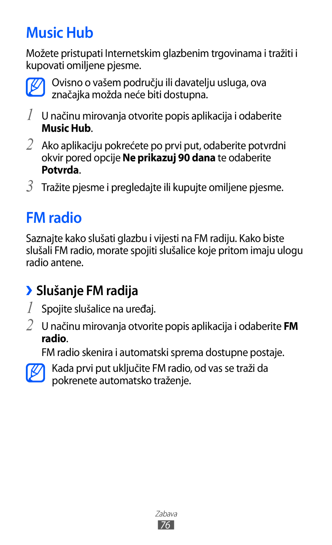 Samsung GT2I9070HKATWO, GT2I9070HKATRA, GT-I9070HKAMSR, GT-I9070HKACRO manual Music Hub, FM radio, ››Slušanje FM radija 