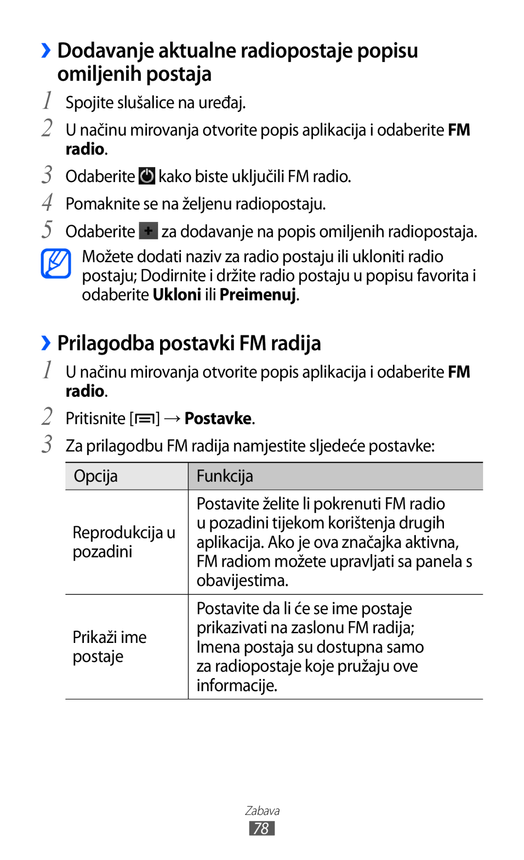 Samsung GT2I9070HKAVIP manual ››Dodavanje aktualne radiopostaje popisu omiljenih postaja, ››Prilagodba postavki FM radija 