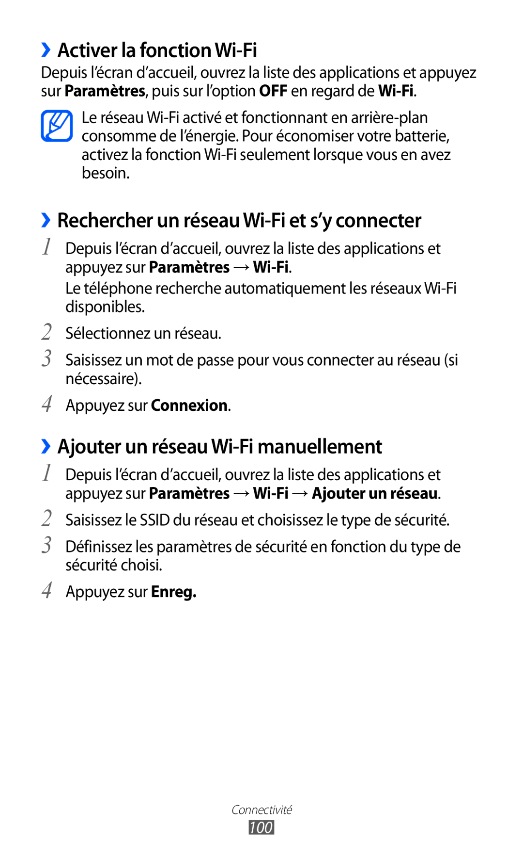 Samsung GT-I9100OIAMTL, GT2I9100OIAMTL manual ››Activer la fonction Wi-Fi, ››Rechercher un réseau Wi-Fi et s’y connecter 