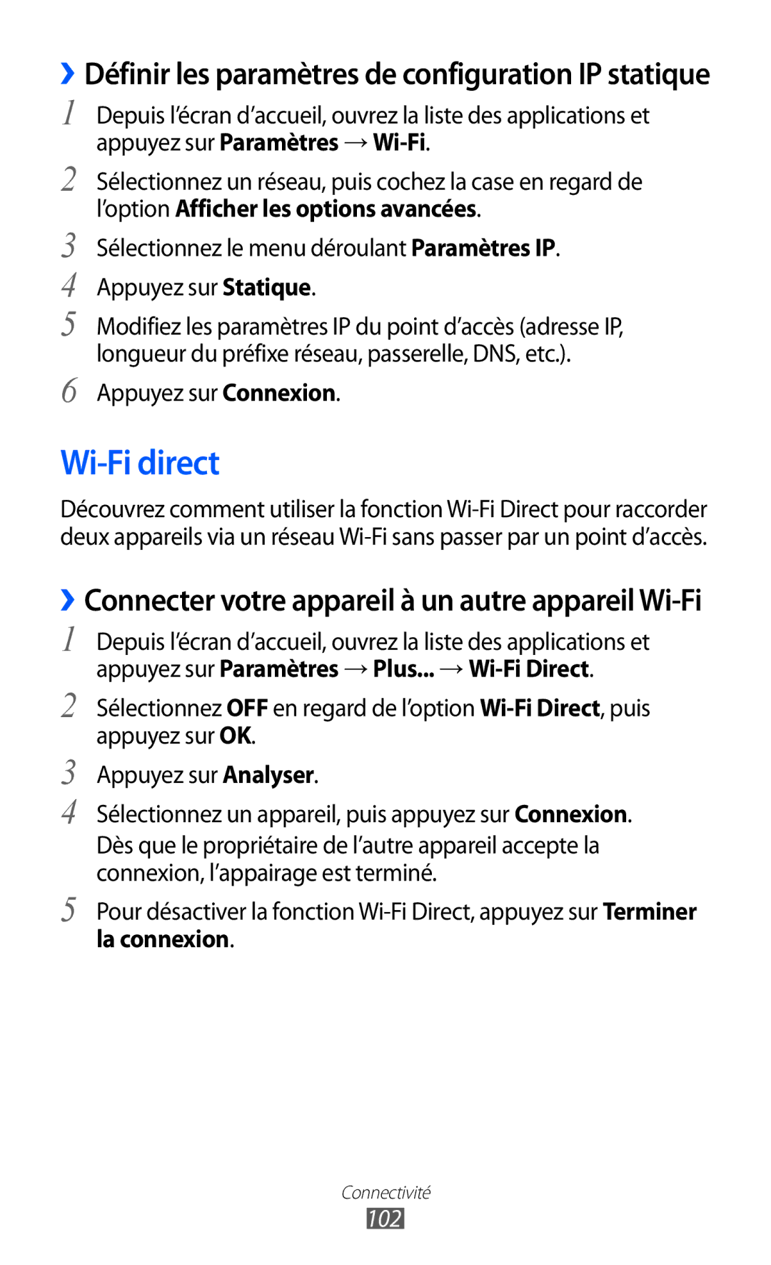 Samsung GT-I9100RWAGBL, GT2I9100OIAMTL, GT-I9100LKAROM, GT-I9100OIAMTL, GT2I9100RWAMTL manual Wi-Fi direct, La connexion, 102 