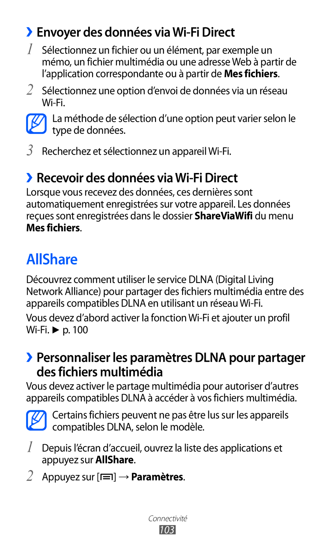 Samsung GT-I9100LKAVVT AllShare, ››Envoyer des données via Wi-Fi Direct, ››Recevoir des données via Wi-Fi Direct, 103 