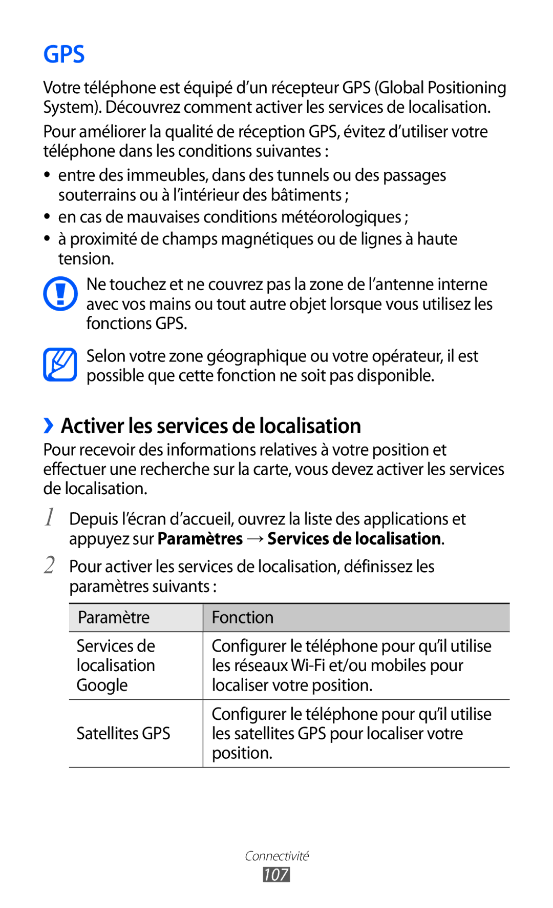 Samsung GT2I9100LKAMTL, GT2I9100OIAMTL, GT-I9100LKAROM, GT-I9100OIAMTL manual ››Activer les services de localisation, 107 