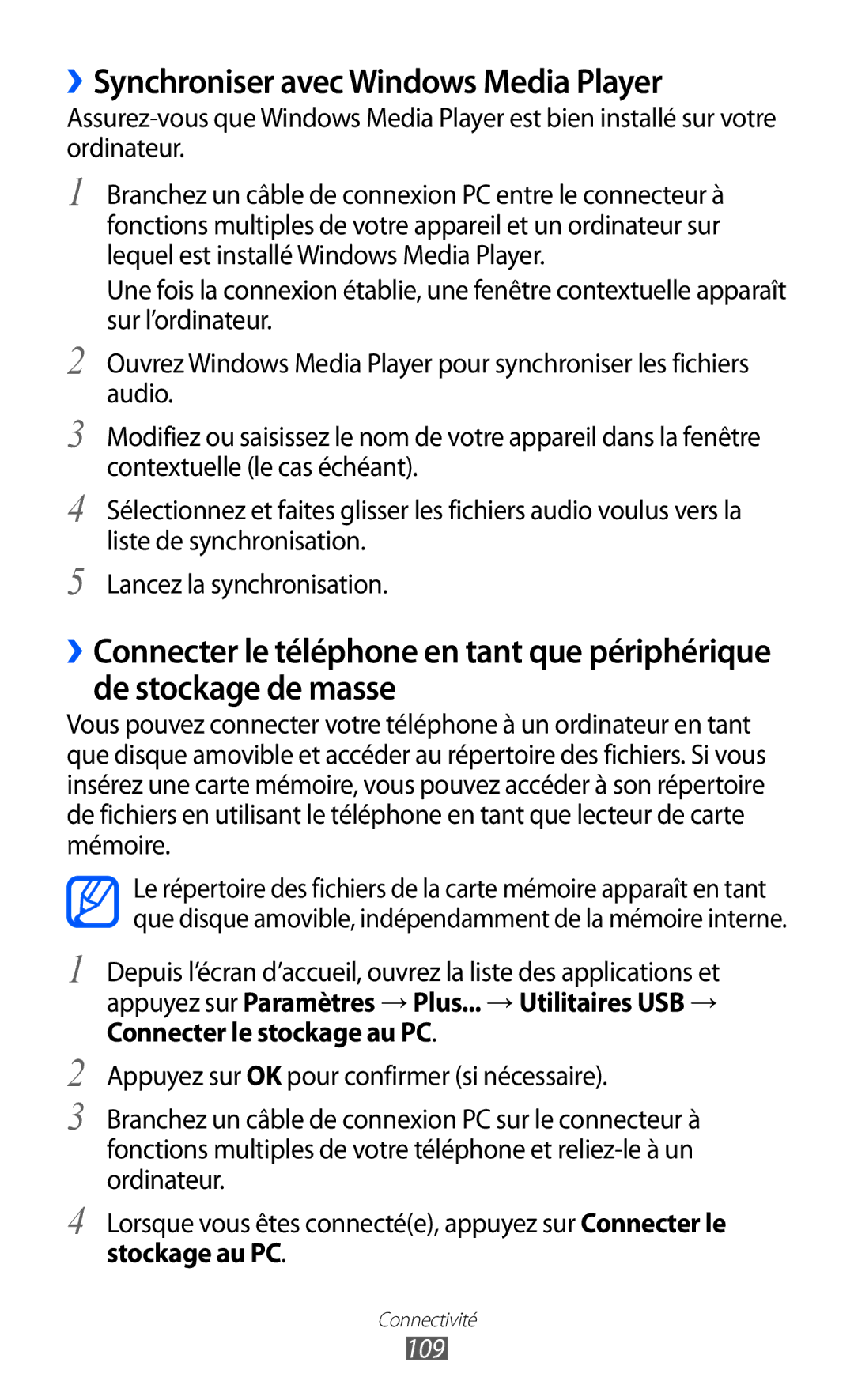 Samsung GT2I9100LKAGBL, GT2I9100OIAMTL, GT-I9100LKAROM manual ››Synchroniser avec Windows Media Player, Stockage au PC, 109 